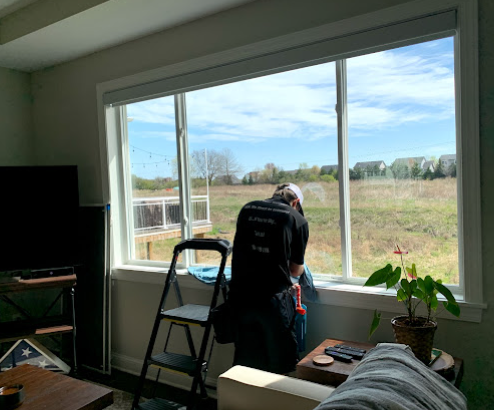 Interior window cleaning with scenic view